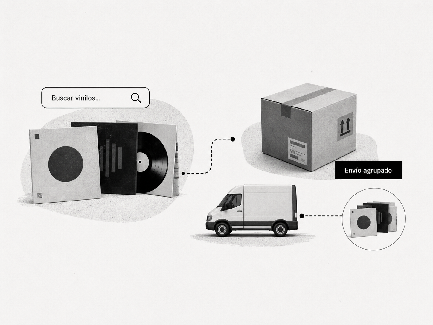 Ilustración en blanco y negro de vinilos, una barra de búsqueda y una caja de envío con la etiqueta Envío agrupado transportada por una furgoneta