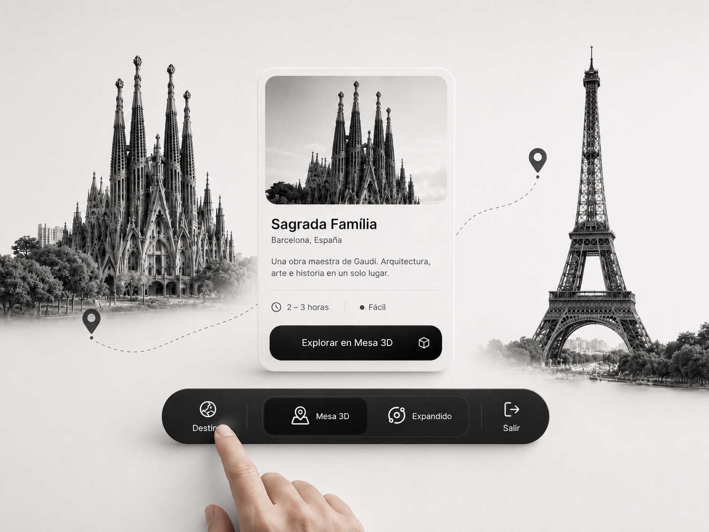 Ilustración en blanco y negro de la app de RV Triportation: una tarjeta de destino de la Sagrada Família con la barra de navegación Destino, Mesa 3D y Expandido