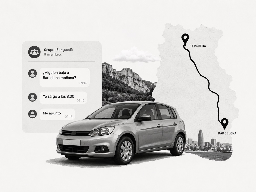 Ilustración en blanco y negro de un coche compartido y la ruta entre el Berguedà y Barcelona