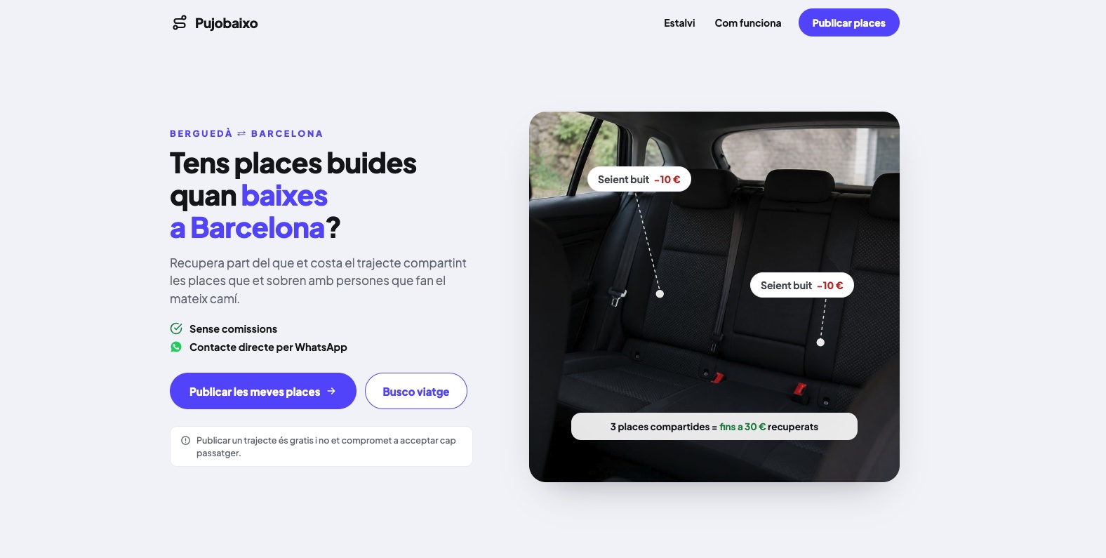 Landing page actual de Pujobaixo, con las opciones Publicar les meves places y Busco viatge
