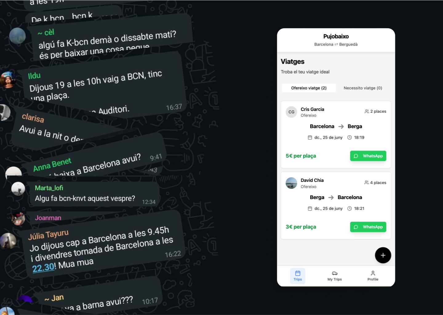 Comparativa entre los mensajes de WhatsApp donde se coordinaban los trayectos y la primera pantalla de viajes de Pujobaixo