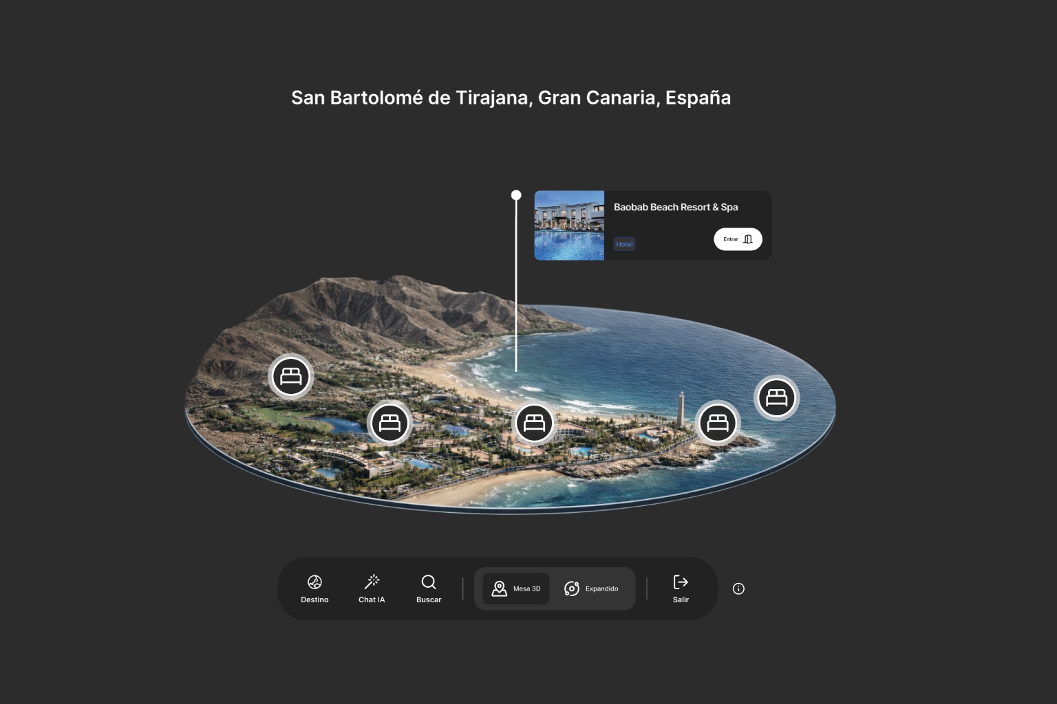 Mesa 3D de Triportation para San Bartolomé de Tirajana, Gran Canaria, con los hoteles ubicados a lo largo de la costa y una card del Baobab Beach Resort & Spa
